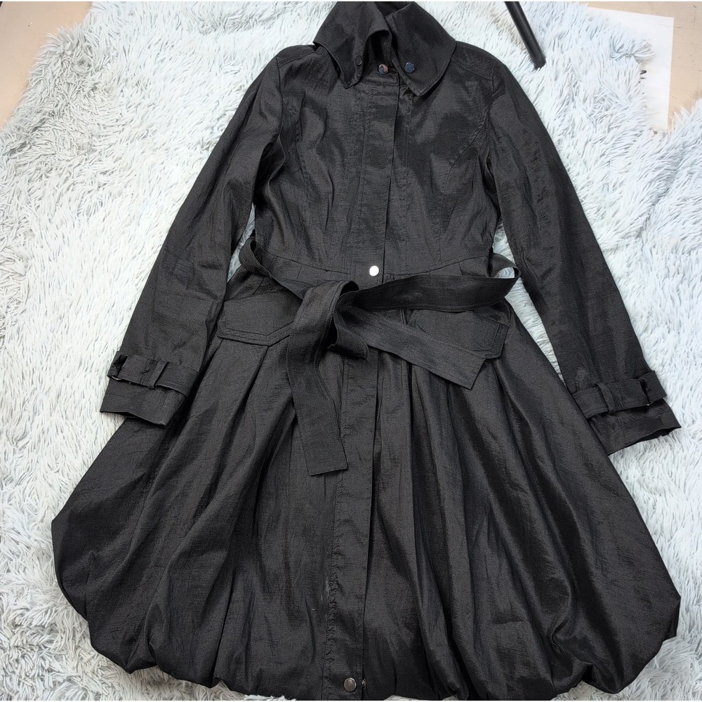 Belle Fare Jacket Womens XS Black Trench Coat Zip Up Belted Pockets Preppy